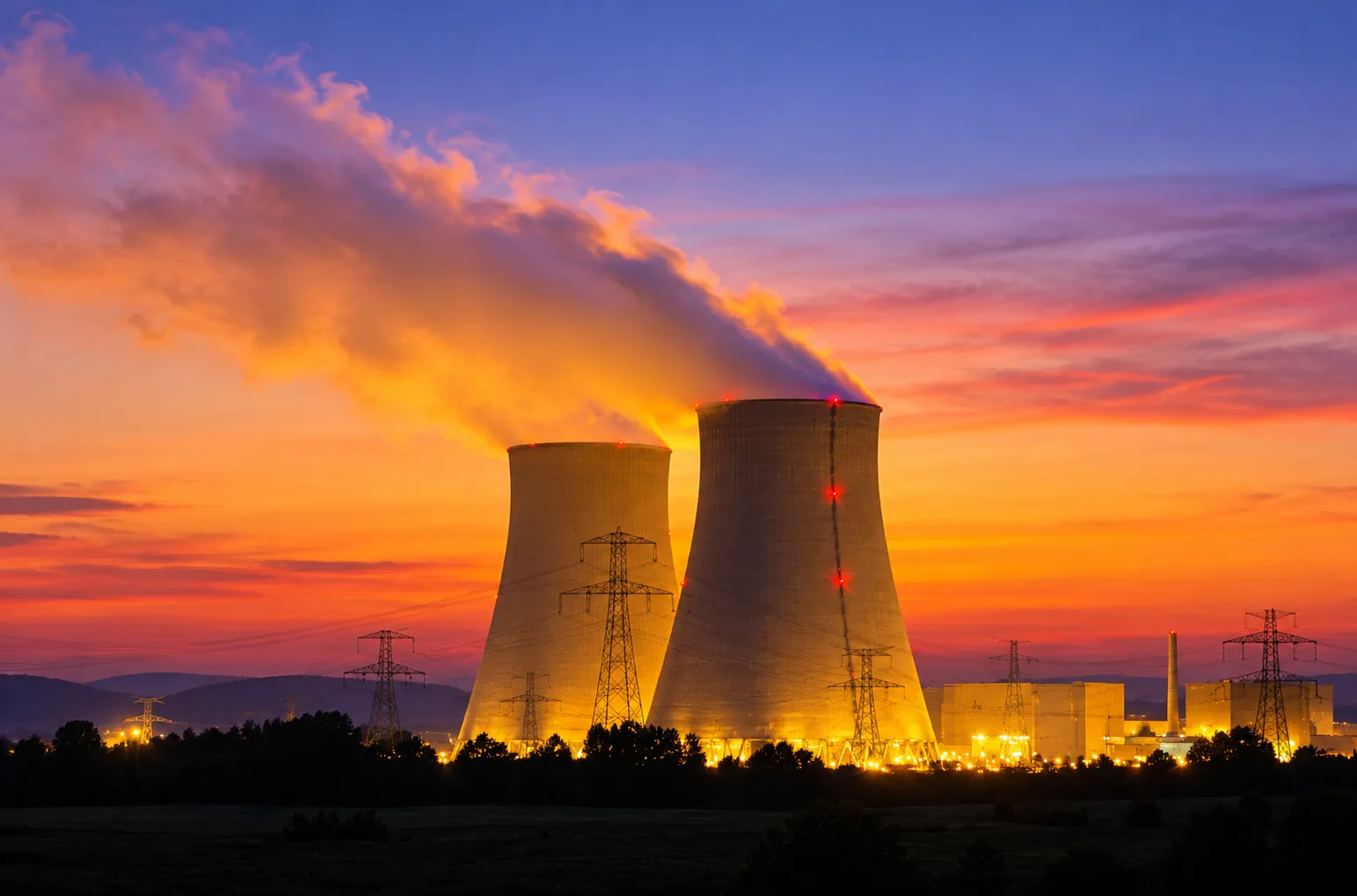 Nuclear power plant cooling towers at sunset