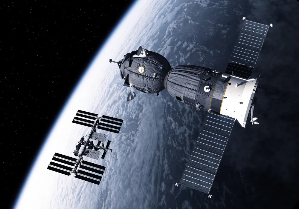 Autonomous satellite maneuvering illustration showing a spacecraft adjusting its orbit around Earth using onboard navigation, propulsion systems, and automated flight control.