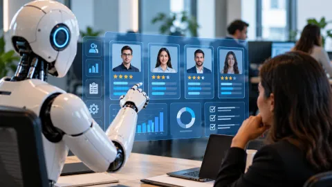 AI robot reviewing employee performance data in a modern office, illustrating AI employee evaluations.