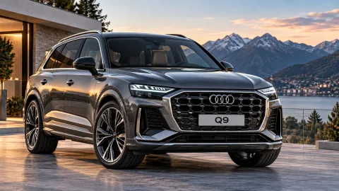 AI-generated illustration of a metallic gray 2026 Audi Q9 luxury SUV, showing its large front grille, LED headlights and alloy wheels against a mountain lake backdrop.