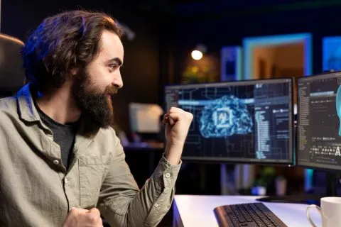 Confidential AI computing illustration showing a cybersecurity professional using a laptop, with encrypted data streams, a digital security shield, and protected AI servers.