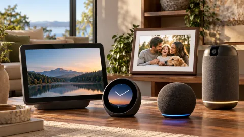 Amazon Echo devices 2026 illustrated by a smart display, Echo Time clock, Alexa Photo Frame, Echo Dot, and Echo Studio speaker arranged in a modern living room.
