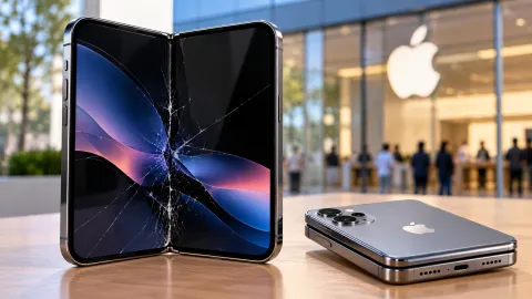 iPhone Duo screen cracking issue illustrated by an open foldable smartphone with visible cracks across its inner display near the central hinge, outside an Apple Store.