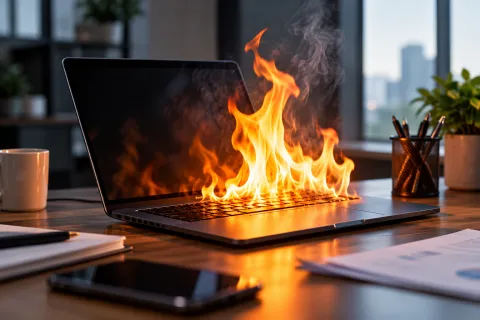 Laptop surrounded by flames in a dark office setting, illustrating the security risks associated with Critical PHP vulnerabilities.
