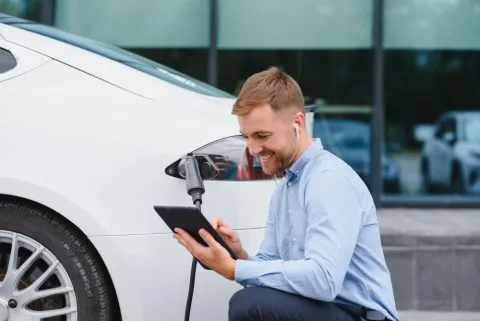 An electric car plugged into a home wall charger in a residential driveway