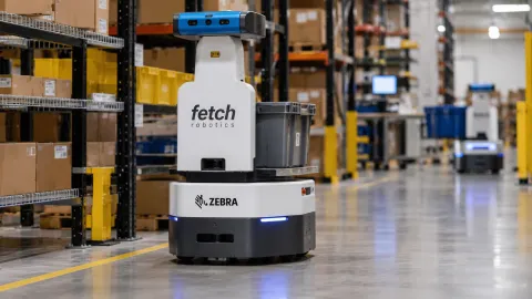 Fetch Robotics autonomous mobile robot operating in a warehouse, illustrating the Zebra Technologies robotics layoffs and subsequent business sale.