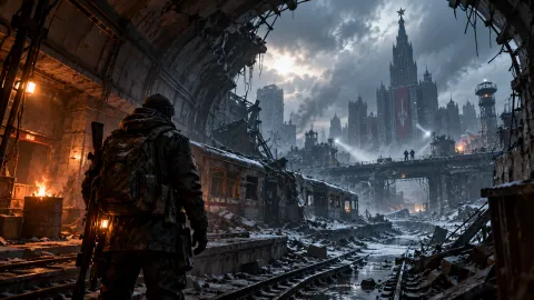 Metro 2039 post-apocalyptic Moscow scene showing an armed survivor in a ruined subway station overlooking a devastated, snow-covered city.