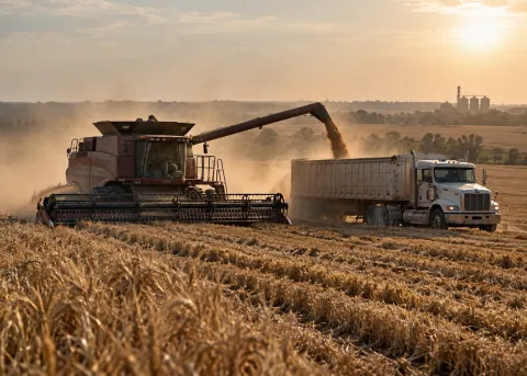 Combine harvester unloading grain into a truck in a dry wheat field as rising energy costs and agricultural disruptions increase global food crisis risks.