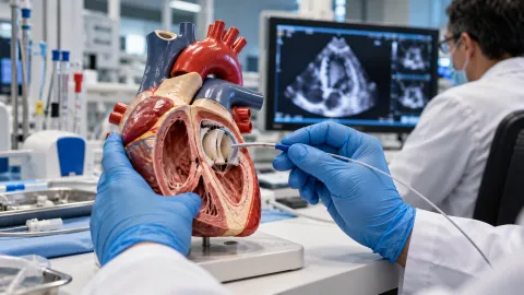 Cardiologist uses a catheter and anatomical heart model to demonstrate minimally invasive heart valve leak treatment, illustrating Abbott Amplatzer Paraclose FDA approval.