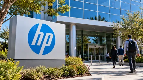 AI-generated image of an HP-branded corporate office building with employees walking toward the entrance, illustrating HP layoffs 2025 and global workforce restructuring.