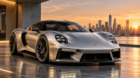 Porsche Mission S concept supercar in metallic silver with aerodynamic bodywork and LED headlights, displayed at sunset against the New York City skyline.