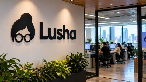 AI-generated depiction of a Lusha-branded office with employees working at computers, illustrating the Lusha layoffs 2025 announcement.