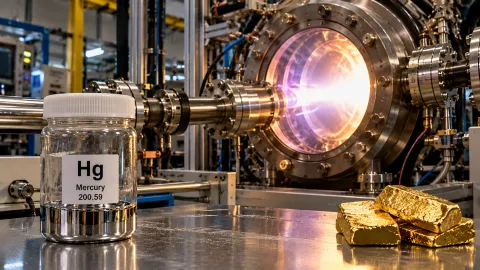 Laboratory equipment illustrating Marathon Fusion's claimed mercury-to-gold conversion using nuclear fusion technology, with a mercury sample and gold-colored metal.