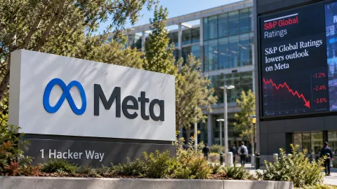 Meta Platforms headquarters sign representing the Meta credit outlook downgrade to negative by S&P Global Ratings amid rising AI infrastructure spending and cash flow concerns.