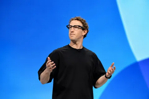 Meta Class C stock performance represented with a technology conference image featuring Meta CEO Mark Zuckerberg.