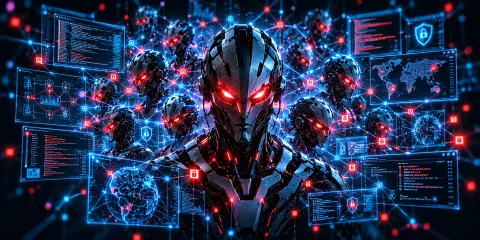 AI agents connected across a cybersecurity network, illustrating Microsoft Guardian Agents.