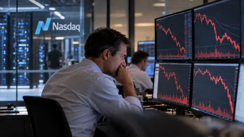Nasdaq 100 decline amid growing concerns over AI infrastructure spending, with falling technology stocks displayed on financial market screens.