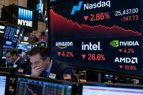 Wall Street stock market trading screens displaying declining technology shares amid Nasdaq AI spending fears and concerns over Amazon and Intel earnings.