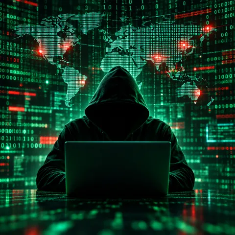 Hooded figure using a laptop against a digital world map, illustrating the OpenCode Console breach