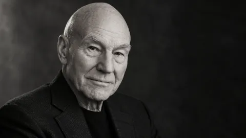 AI-generated black-and-white portrait depicting Patrick Stewart, the Star Trek and X-Men actor who died at 86.