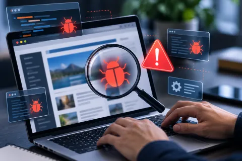 Illustration of a cybersecurity researcher examining a laptop with digital bug alerts and warning symbols, representing PHP2Shell vulnerabilities.