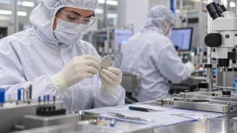 Cleanroom technician inspects an implantable cardiac pacing device, illustrating Ceryx Medical implantable heart failure device manufacturing.