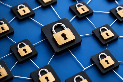 Conceptual cybersecurity illustration showing interconnected padlocks protecting a central railway network, representing a Railway cyberattack.