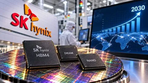 SK hynix memory shortage illustrated by HBM4, DRAM, and NAND semiconductor chips inside a modern manufacturing facility, with a digital chart showing rising global memory demand through 2030.