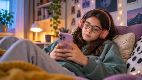 Teen girl wearing headphones and using a smartphone in a bedroom, illustrating Spotify Family Plan QR verification