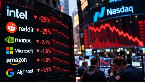 Wall Street stock market display showing falling technology shares during the October tech stock selloff, with Intel, Reddit and AI-related stocks under pressure.
