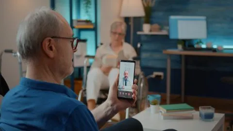 A clinician on a laptop video call with a patient seated at a kitchen table