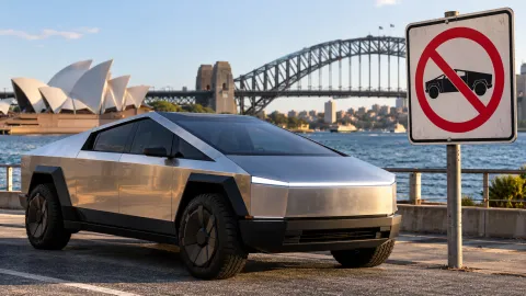 Tesla Cybertruck Australia cancellation illustrated by a stainless-steel Cybertruck parked near Sydney Harbour beside a no-entry sign, with the Sydney Opera House and Harbour Bridge in the background.