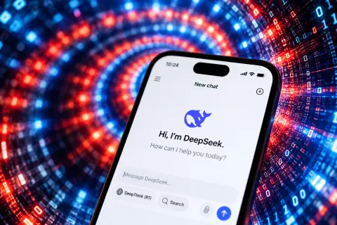 Smartphone displaying DeepSeek against a digital data background
