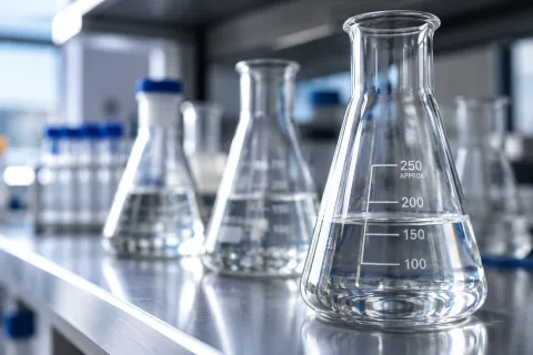 Laboratory glassware and liquid-filled flasks on a modern research bench, illustrating Warp Sciences funding