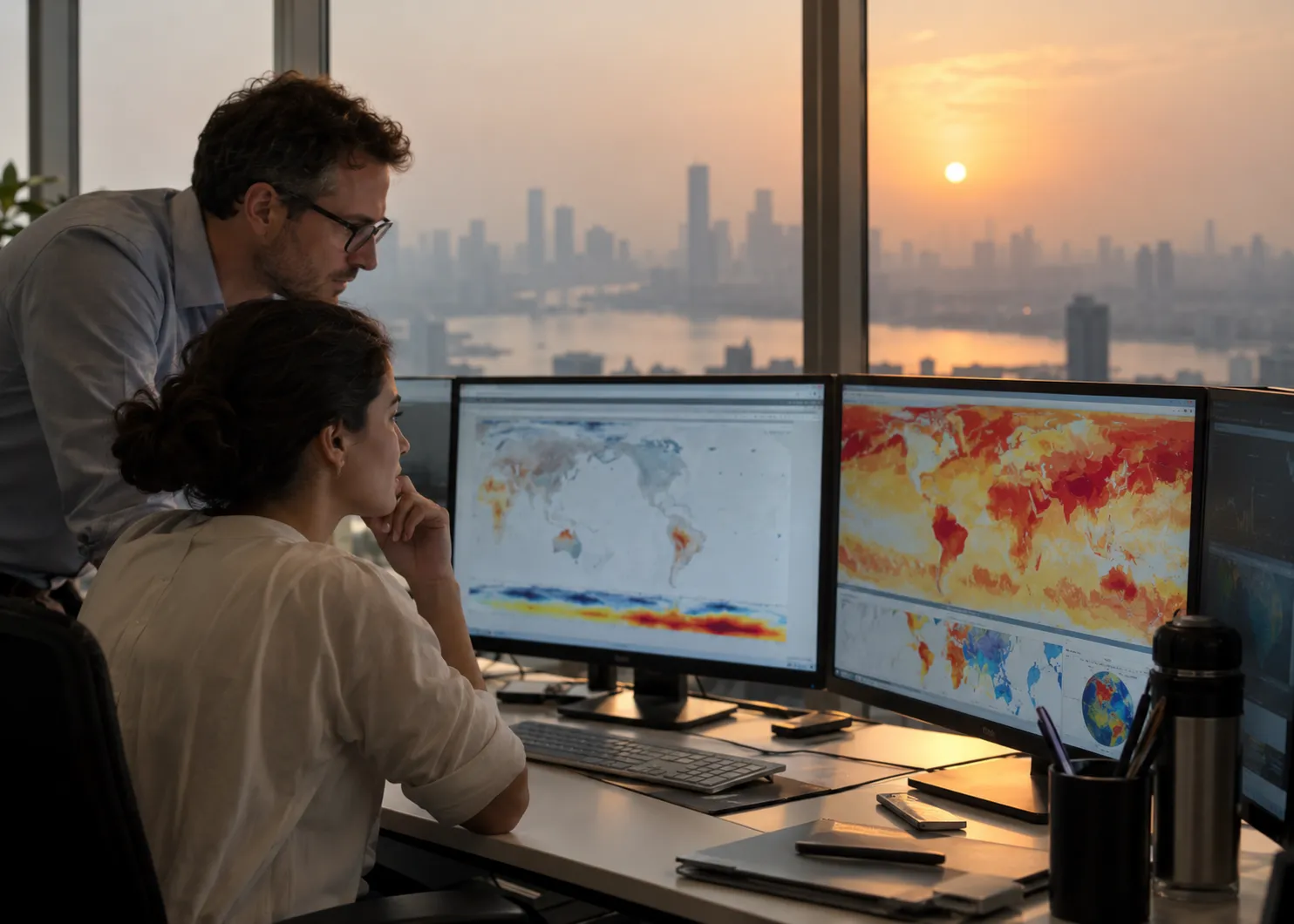Climate researchers reviewing global temperature maps and warming projections on computer monitors, illustrating findings from the UN climate report 2026.