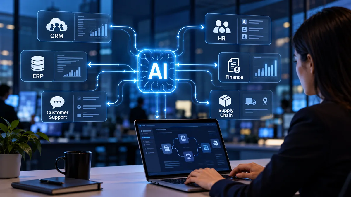 Enterprise AI integration connecting CRM, ERP, finance, HR, customer support, and supply chain systems through a central AI platform.