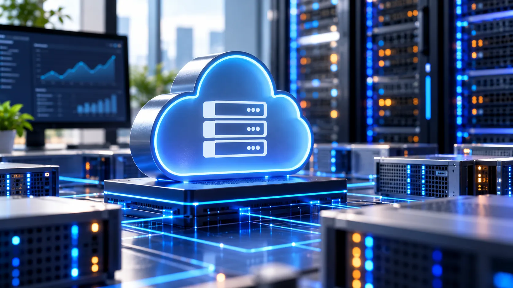 Futuristic cloud computing infrastructure with illuminated servers and a central cloud symbol representing General Compute raises $100M.