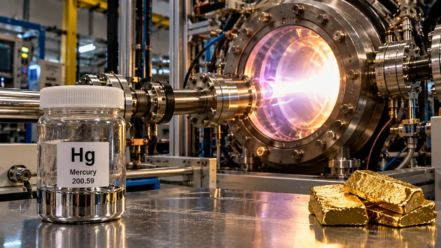 Laboratory equipment illustrating Marathon Fusion's claimed mercury-to-gold conversion using nuclear fusion technology, with a mercury sample and gold-colored metal.