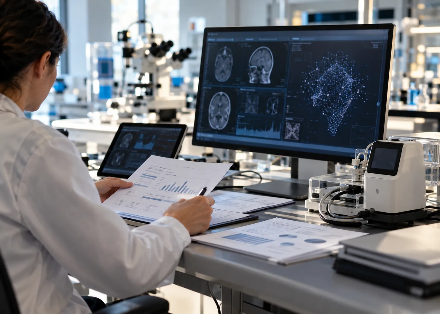Medical technology professional reviewing generative AI medical device data and regulatory materials in a modern research laboratory.