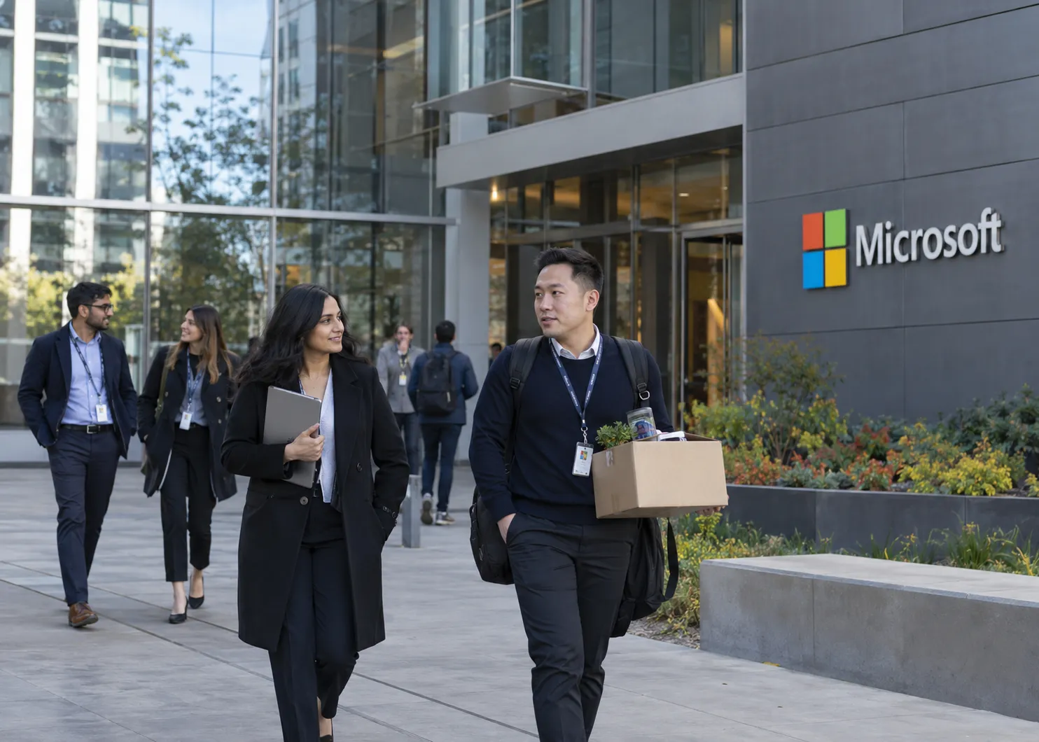 Microsoft buyouts 2026 illustrated by office employees walking outside a Microsoft building, with one worker carrying a box of personal belongings.