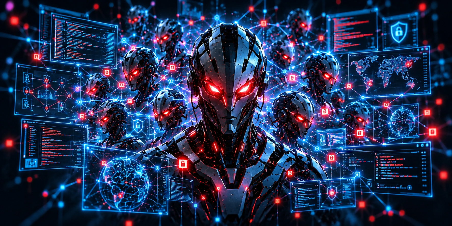 Görseli, holografik ekranlar ve dijital güvenliği temsil eden birbirine bağlı düğümlerle çevrili, parlayan kırmızı gözlere sahip karanlık ve fütüristik bir robot başı domine ediyor.