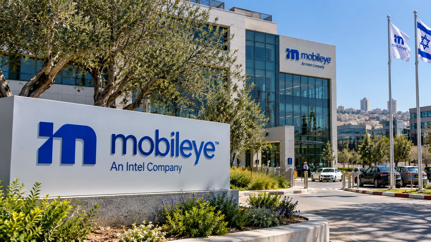AI-generated image of a Mobileye-branded technology campus in Israel, illustrating Mobileye layoffs 2025 and the company's workforce restructuring.