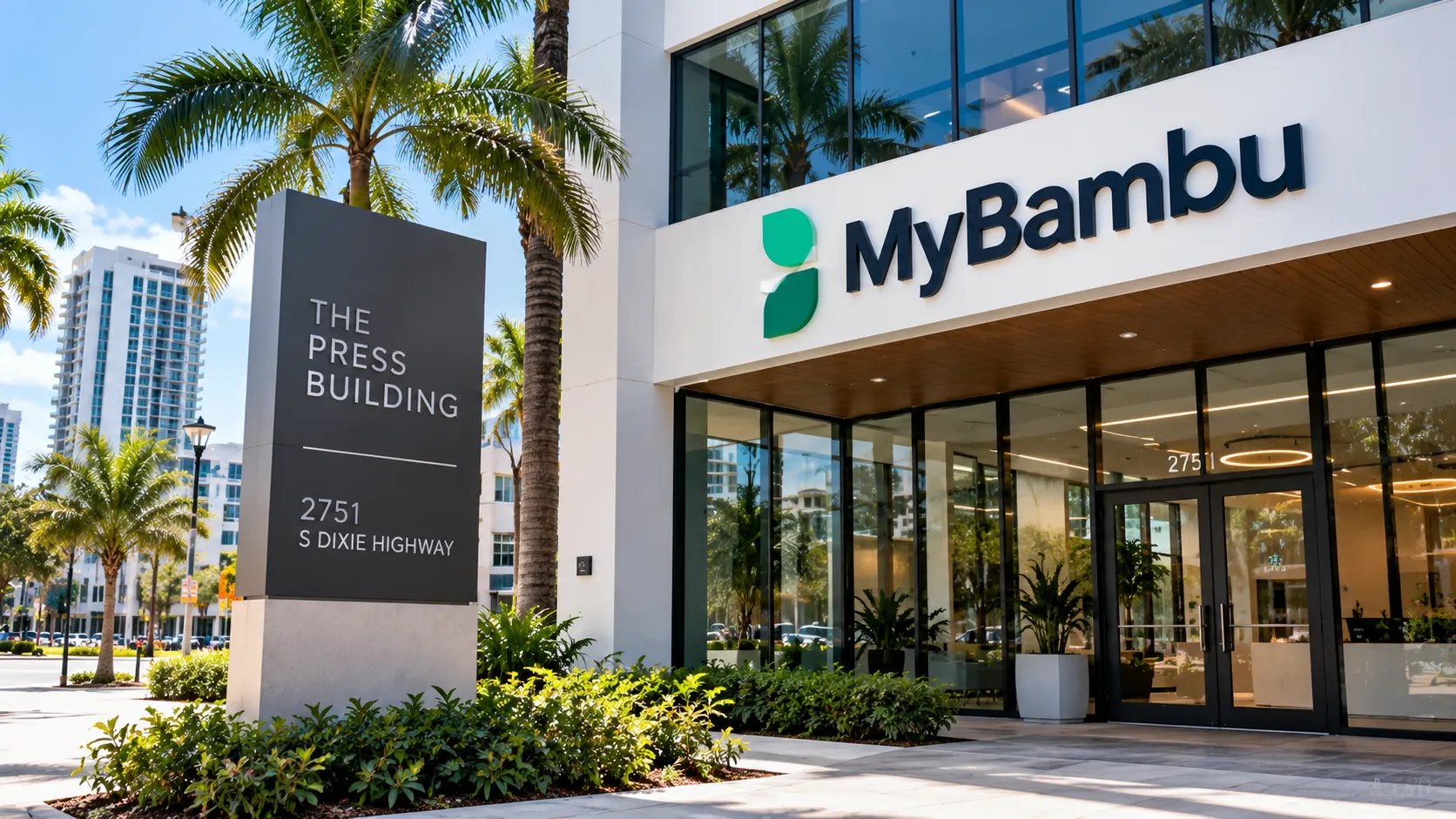 AI-generated depiction of a MyBambu-branded office entrance in West Palm Beach, illustrating MyBambu layoffs 2025.