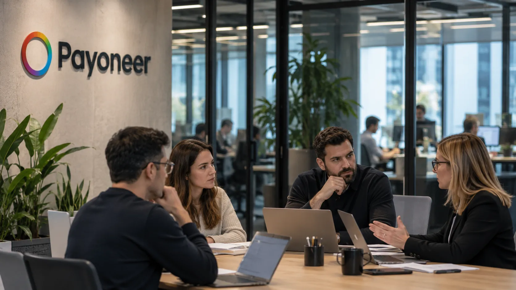 AI-generated image of a Payoneer-branded office meeting, illustrating Payoneer layoffs 2025 and the restructuring of its product and technology teams.