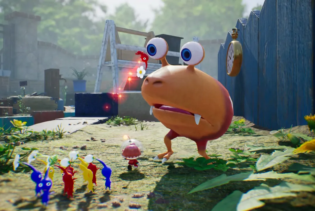 Pikmin 4 Nintendo Switch gameplay screenshot showing a Bulborb facing a Pikmin character with red, blue and yellow Pikmin nearby