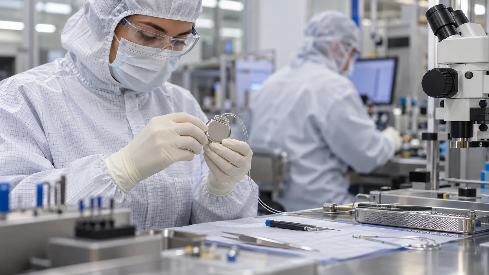Cleanroom technician inspects an implantable cardiac pacing device, illustrating Ceryx Medical implantable heart failure device manufacturing.