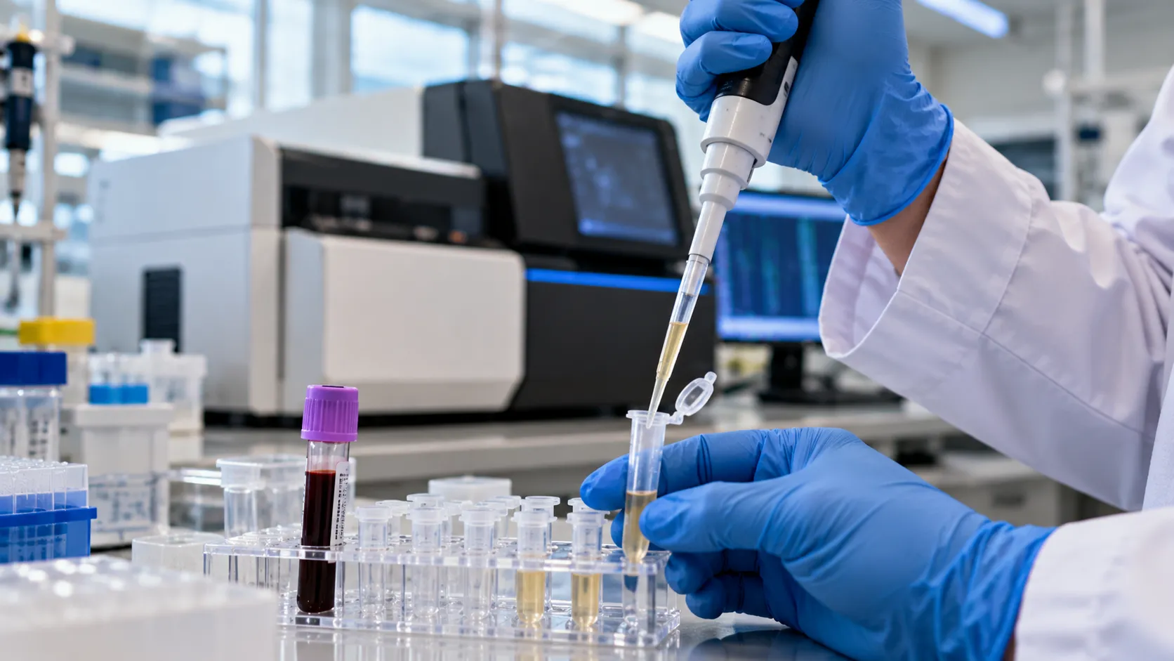 Laboratory scientist preparing a plasma sample for cancer DNA analysis, illustrating coverage of the Oncodetect MRD test.