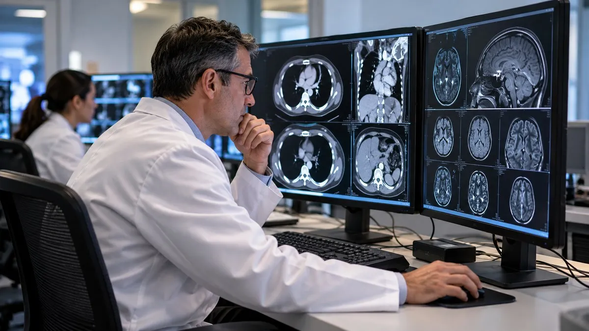 Radiologist reviewing CT and MRI scans at a hospital workstation, illustrating the RadNet ONRAD deal and its expansion into teleradiology services.