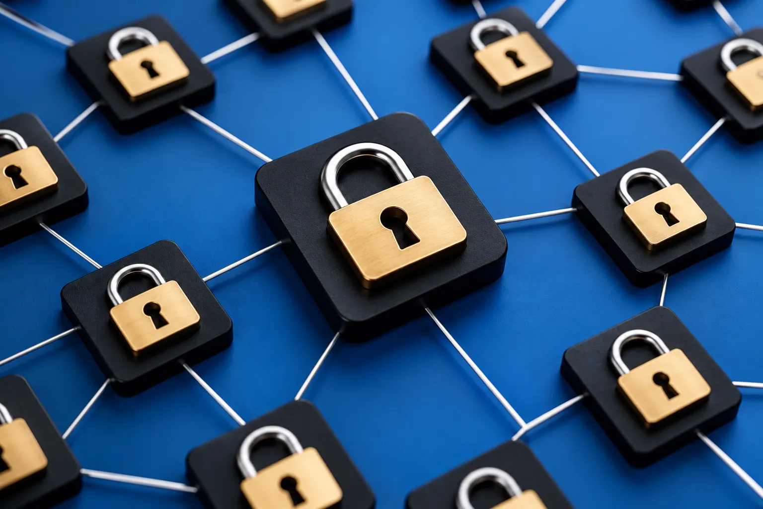 Conceptual cybersecurity illustration showing interconnected padlocks protecting a central railway network, representing a Railway cyberattack.
