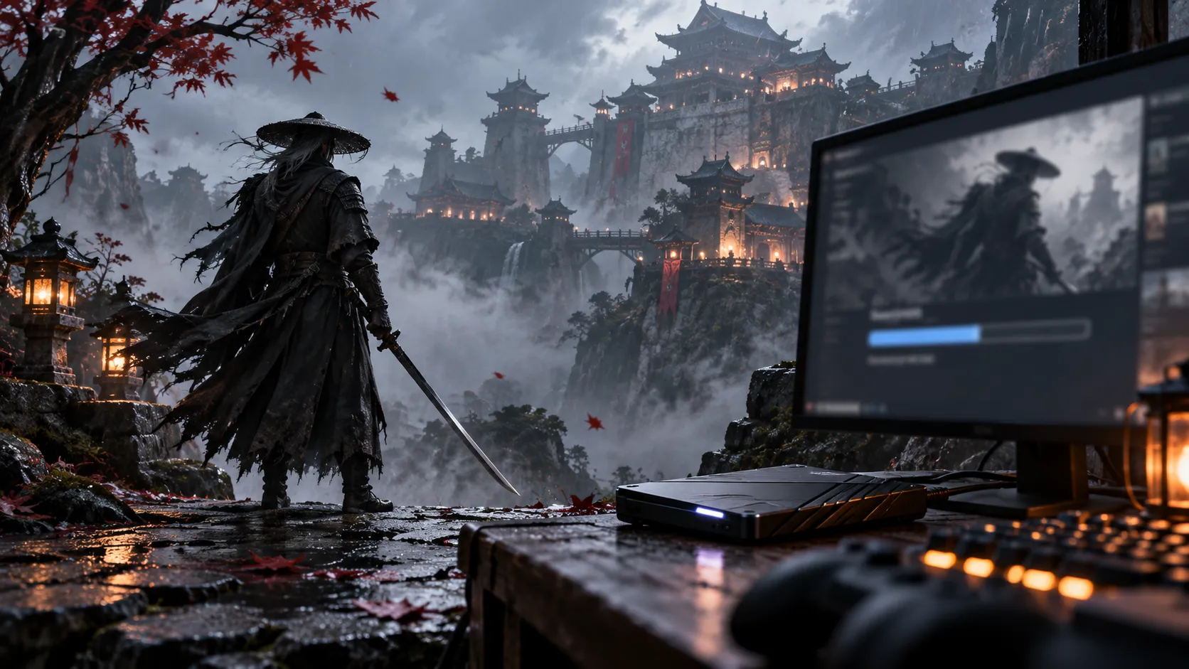 Phantom Blade Zero PC preload illustrated by a lone swordsman overlooking a mist-covered Chinese fortress, alongside a gaming PC showing a download progress bar and an external SSD.